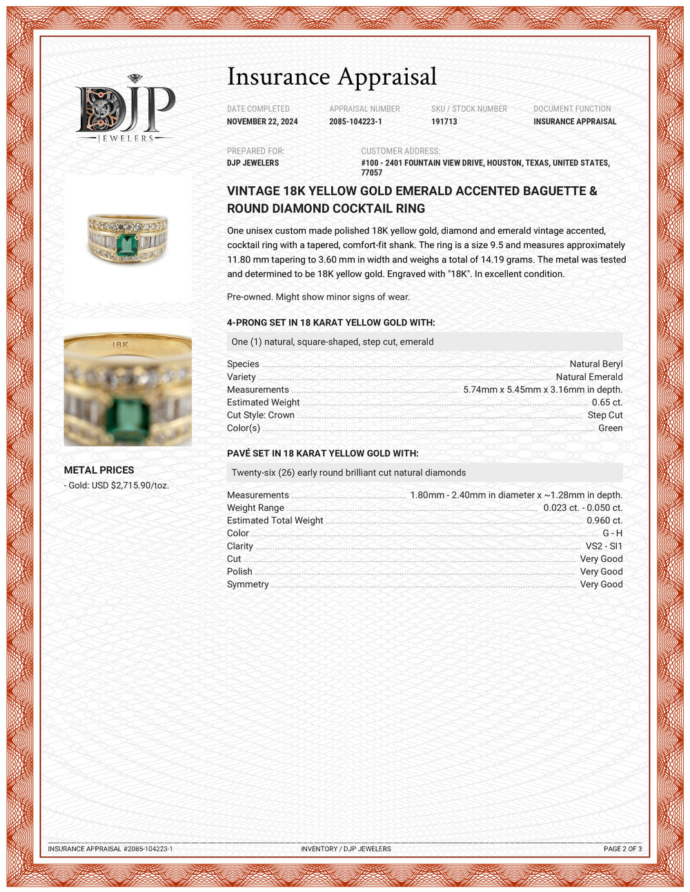 Vintage 18K Yellow Gold Emerald Accented Baguette & Round Diamond Cocktail Ring