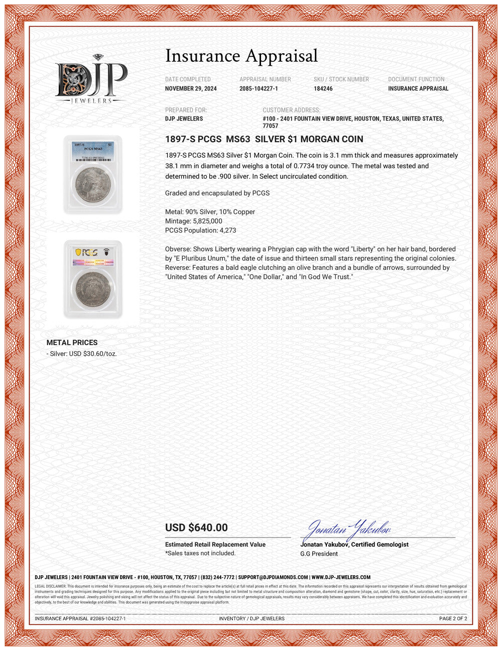 1897-S PCGS MS63 Silver $1 Morgan Coin