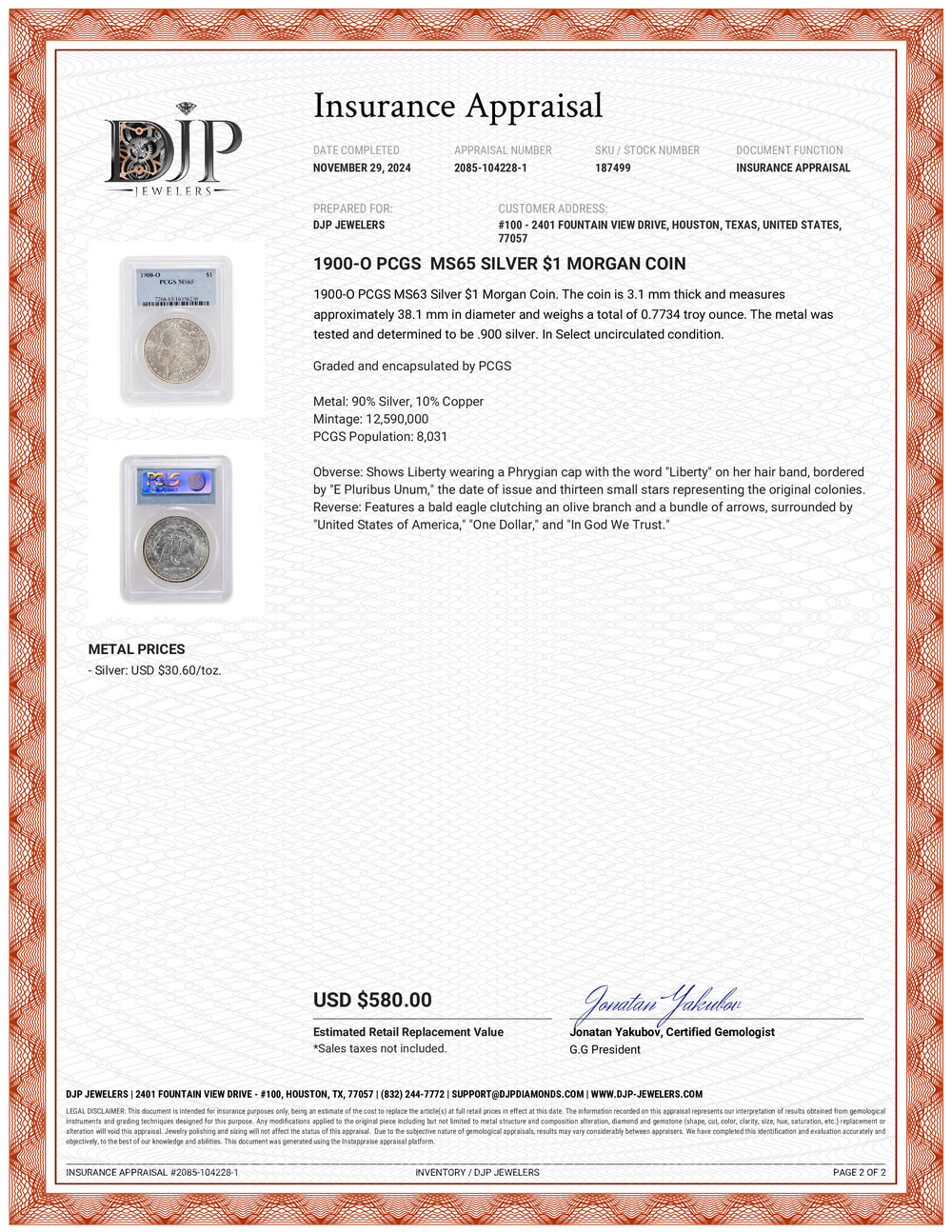 1900-O PCGS MS65 Silver $1 Morgan Coin