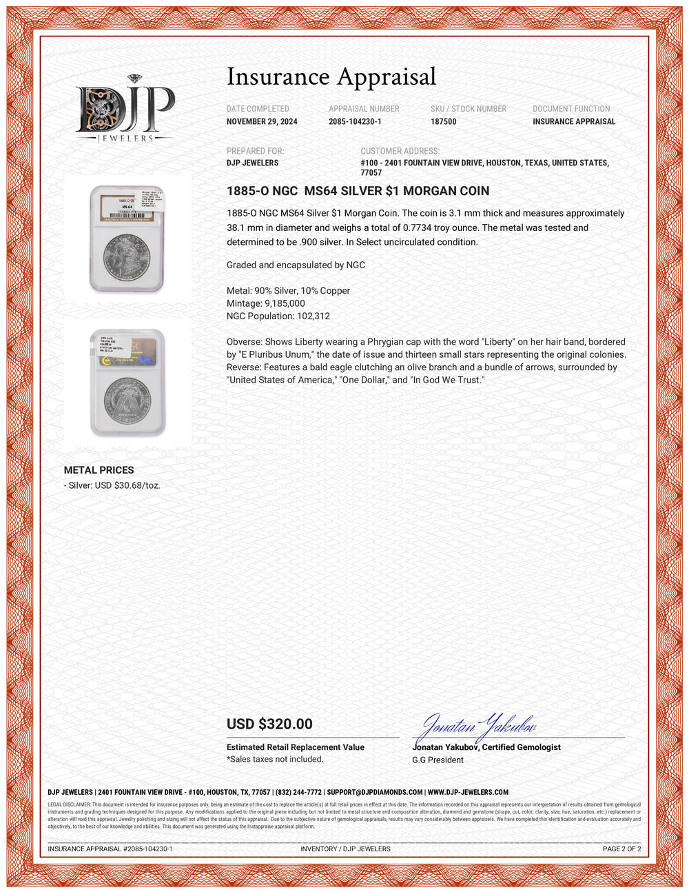 1885-O NGC MS64 Silver $1 Morgan Coin