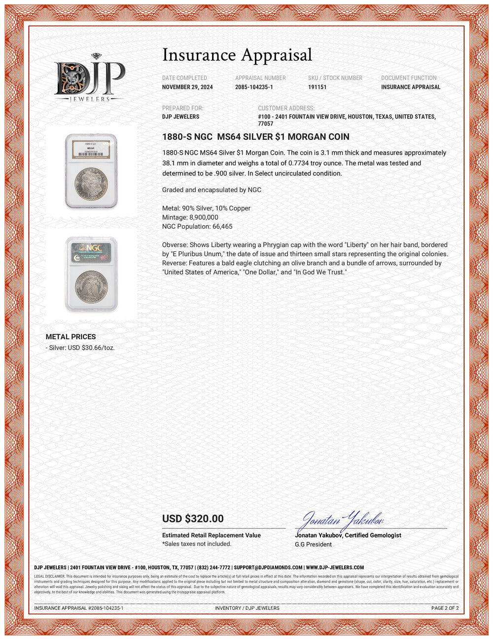 1880-S Ngc MS64 Silver $1 Morgan Coin