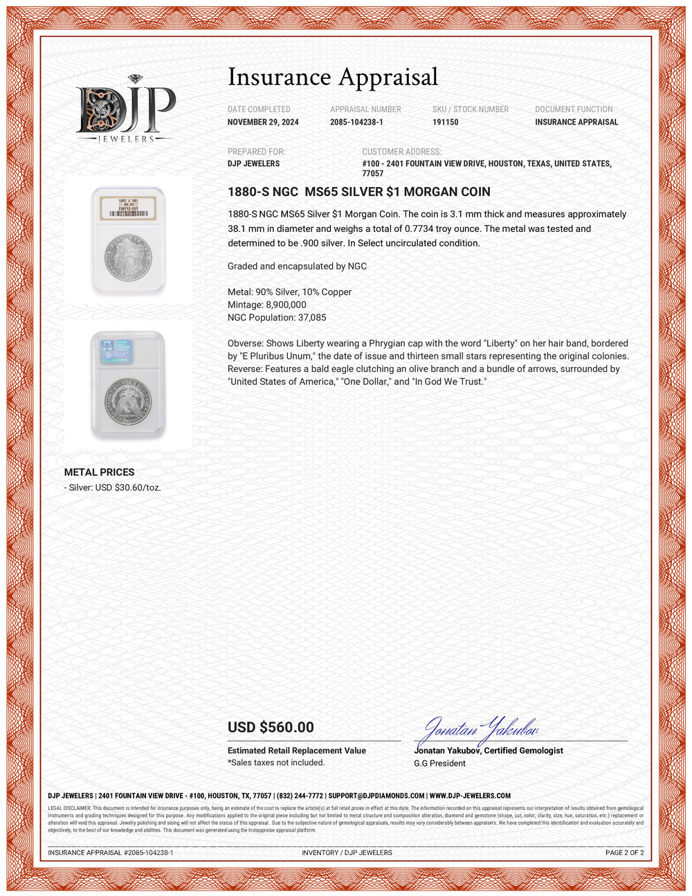 1880-S NGC MS65 Silver $1 Morgan Coin
