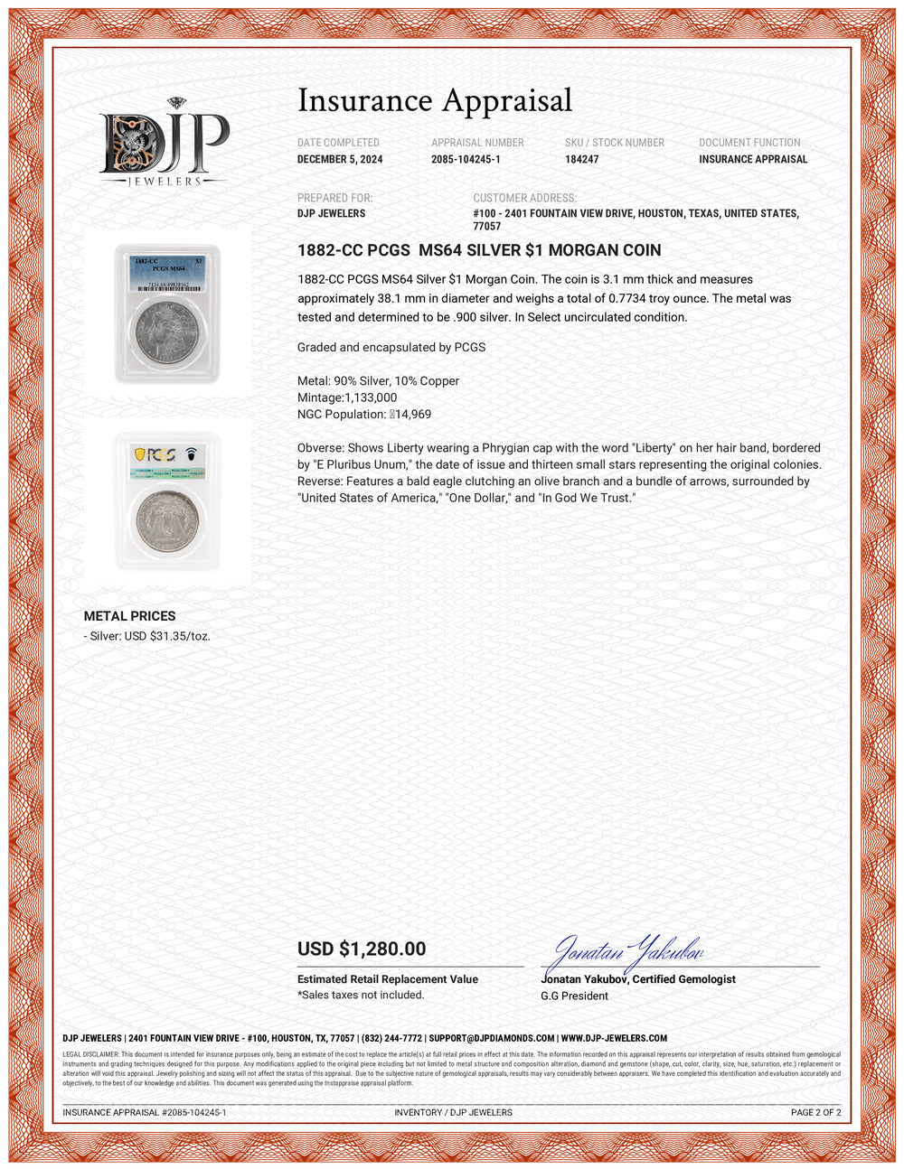 1882-CC PCGS MS64 Silver $1 Morgan Coin