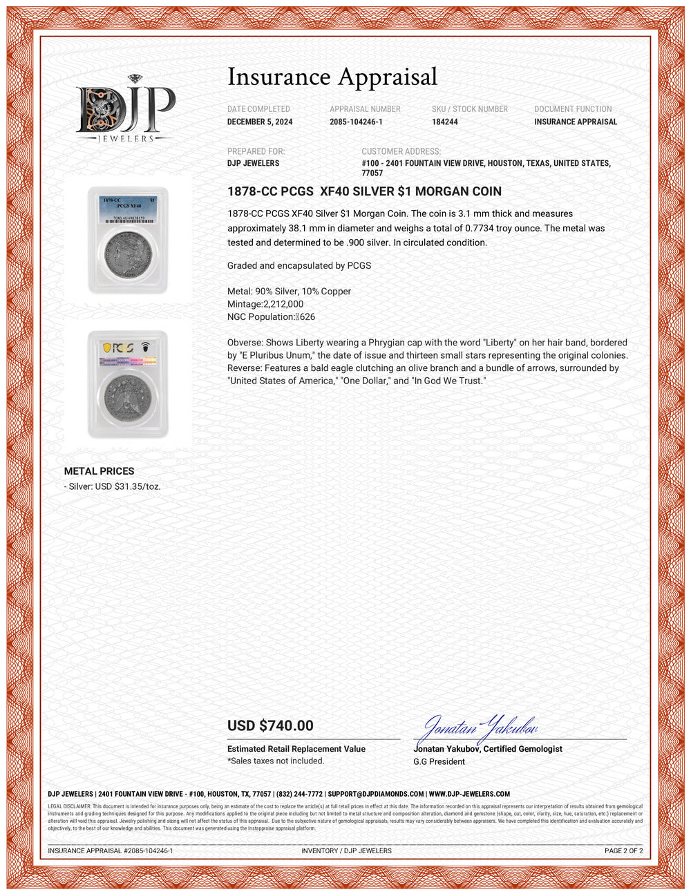 1878-CC PCGS XF40 Silver $1 Morgan Coin