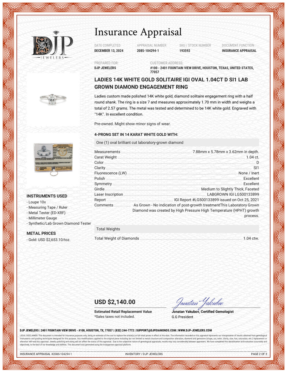 Ladies 14K White Gold Solitaire IGI Oval 1.04ct D SI1 Lab Grown Diamond Engagement Ring