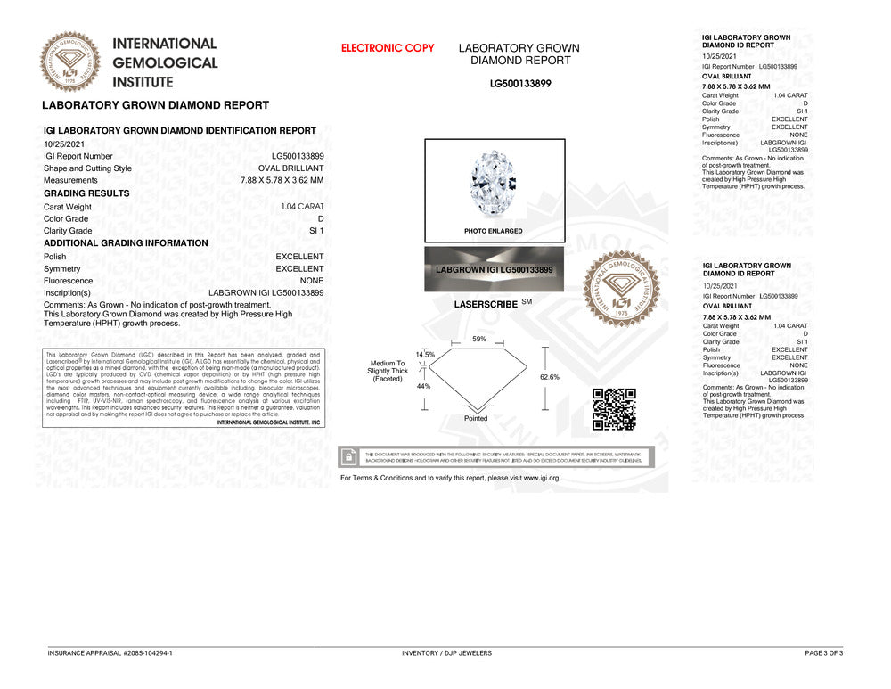 Ladies 14K White Gold Solitaire IGI Oval 1.04ct D SI1 Lab Grown Diamond Engagement Ring