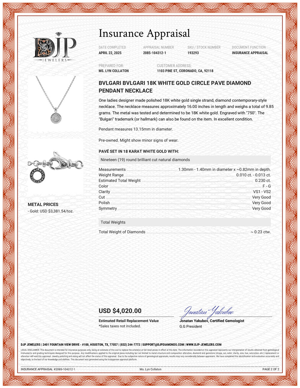 Bvlgari Bvlgari 18K White Gold Circle Pave Diamond Pendant Necklace