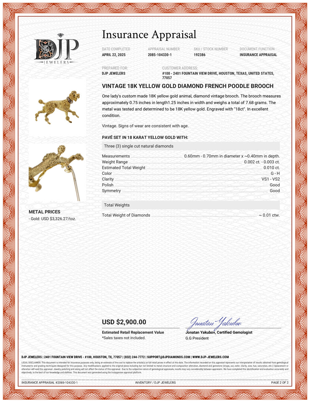 Vintage 18K Yellow Gold Diamond French Poodle Brooch