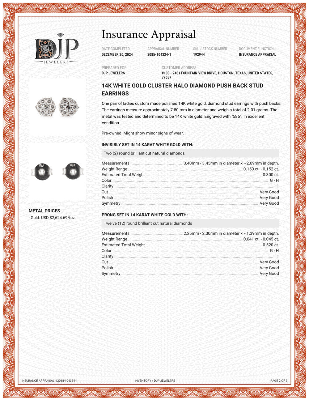 14K White Gold Cluster Halo Diamond Push Back Stud Earrings