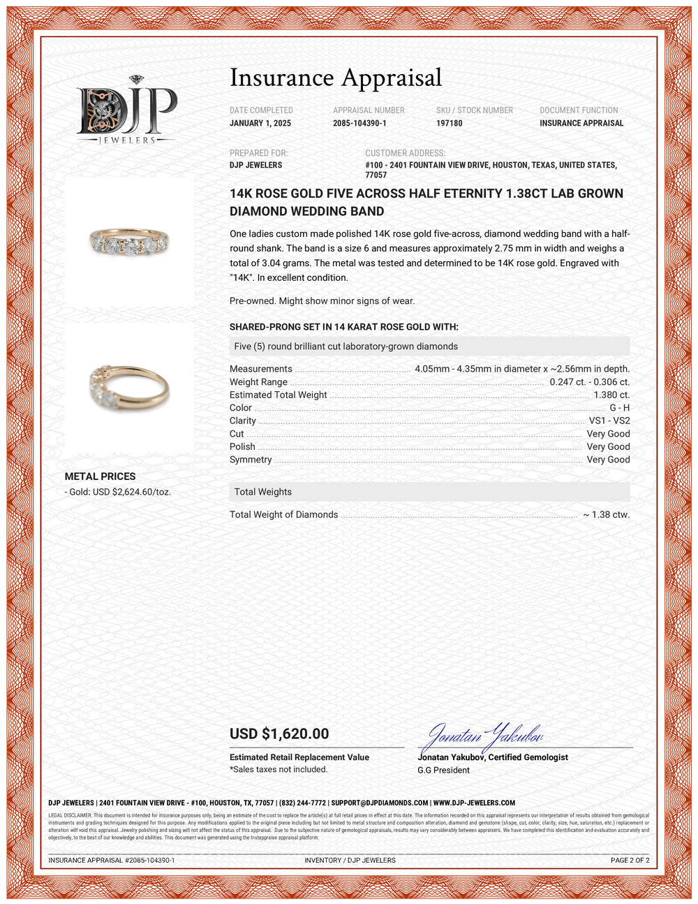 14K Rose Gold Five Across Half Eternity 1.38ct Lab Grown Diamond Wedding Band