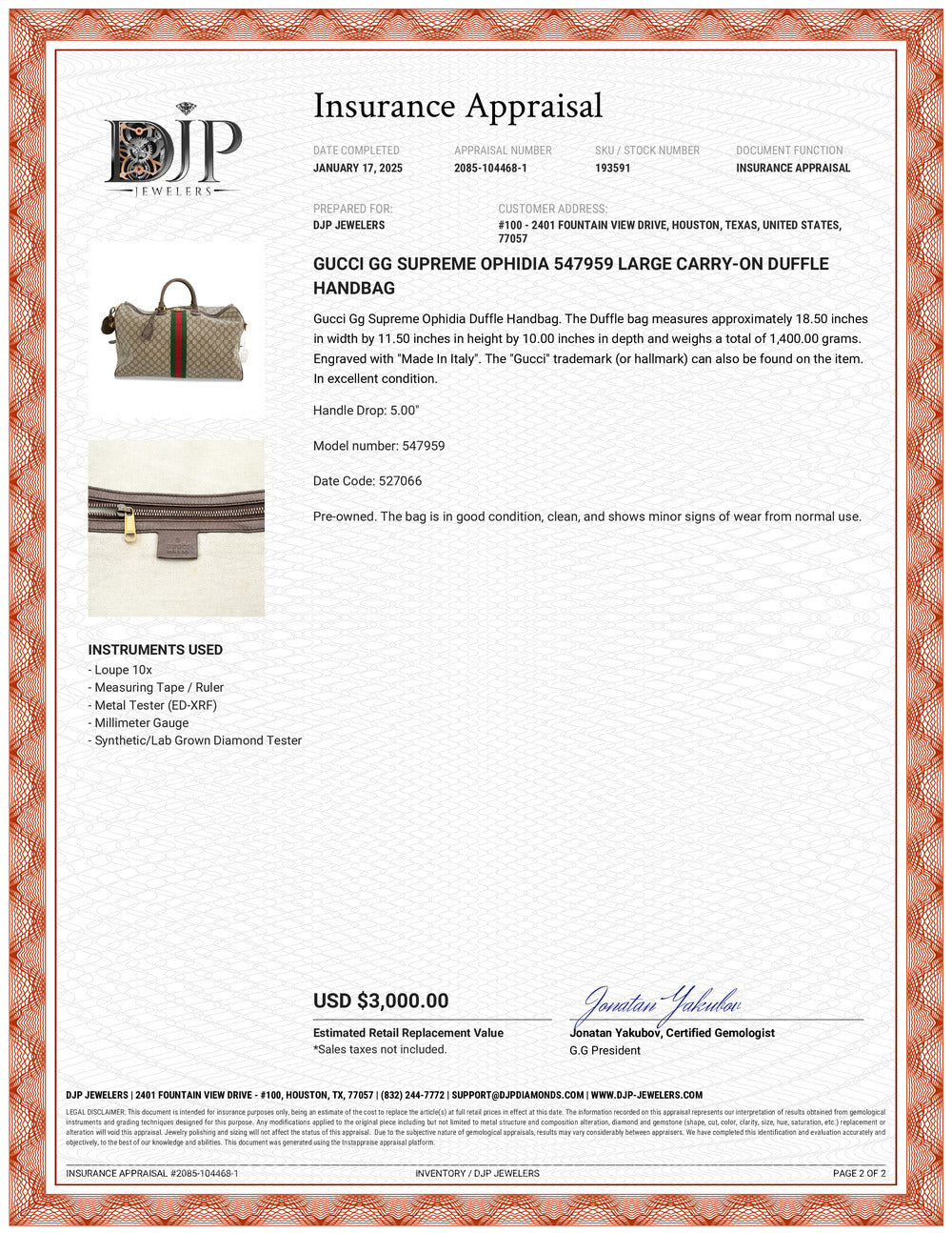 Gucci GG Supreme Ophidia 547959 Large Carry-on Duffle Handbag