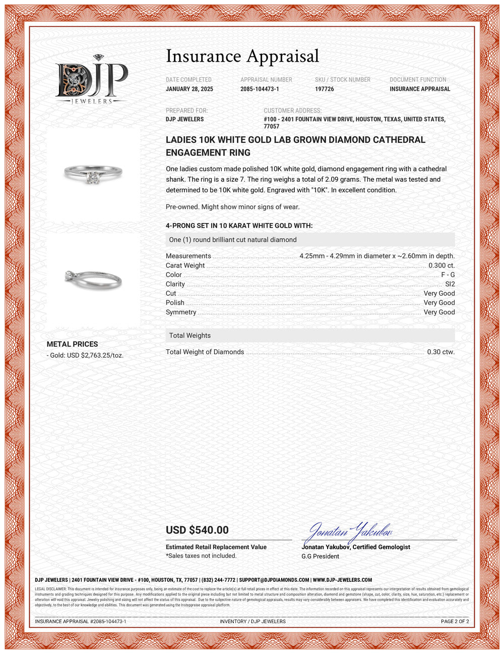 Ladies 10K White Gold Lab Grown Diamond Cathedral Engagement Ring