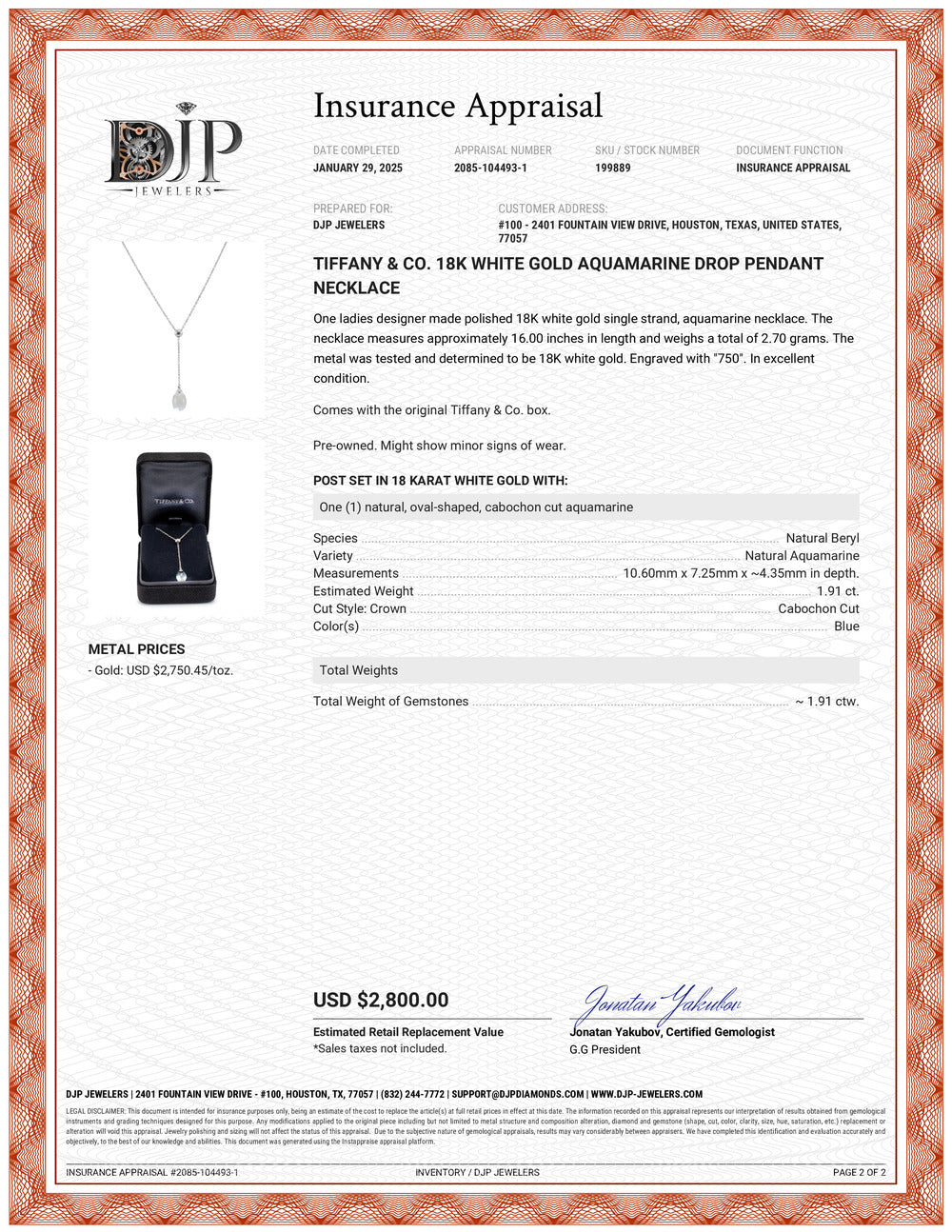 Tiffany & Co. 18K White Gold Aquamarine Drop Pendant Necklace