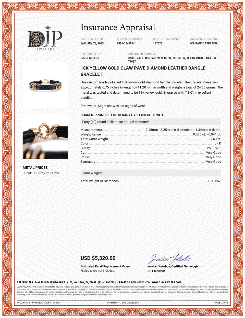 18K Yellow Gold Claw Pave Diamond Leather Bangle Bracelet