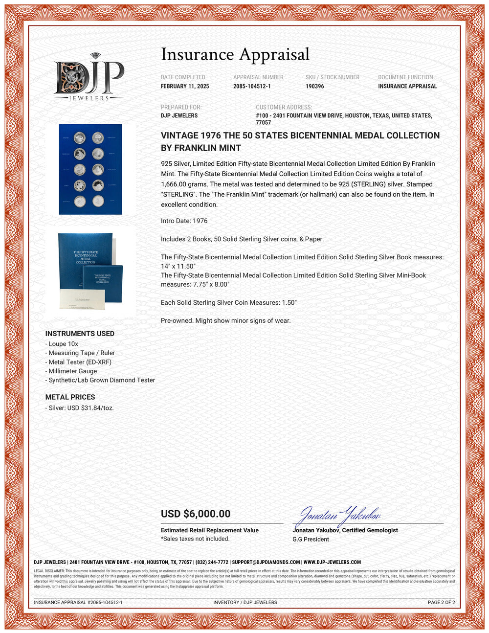 Vintage 1976 the 50 States Bicentennial Medal Collection by Franklin Mint