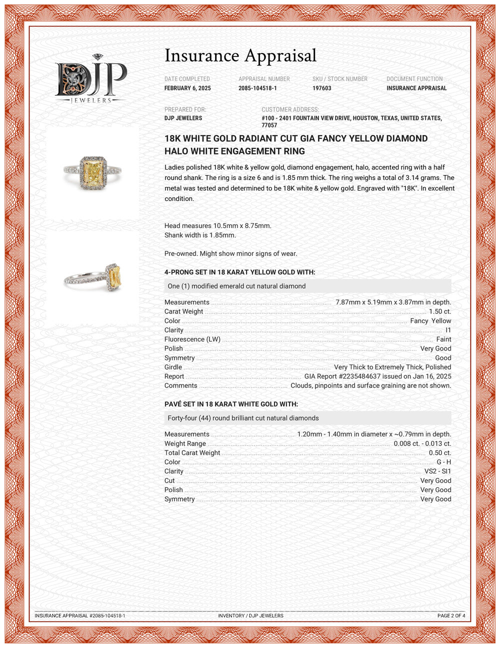 18K White Gold Radiant Cut GIA Fancy Yellow Diamond Halo White Engagement Ring