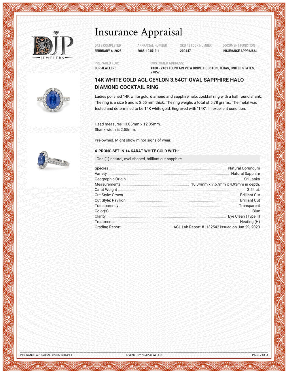 14K White Gold AGL Ceylon 3.54ct Oval Sapphire Halo Diamond Cocktail Ring