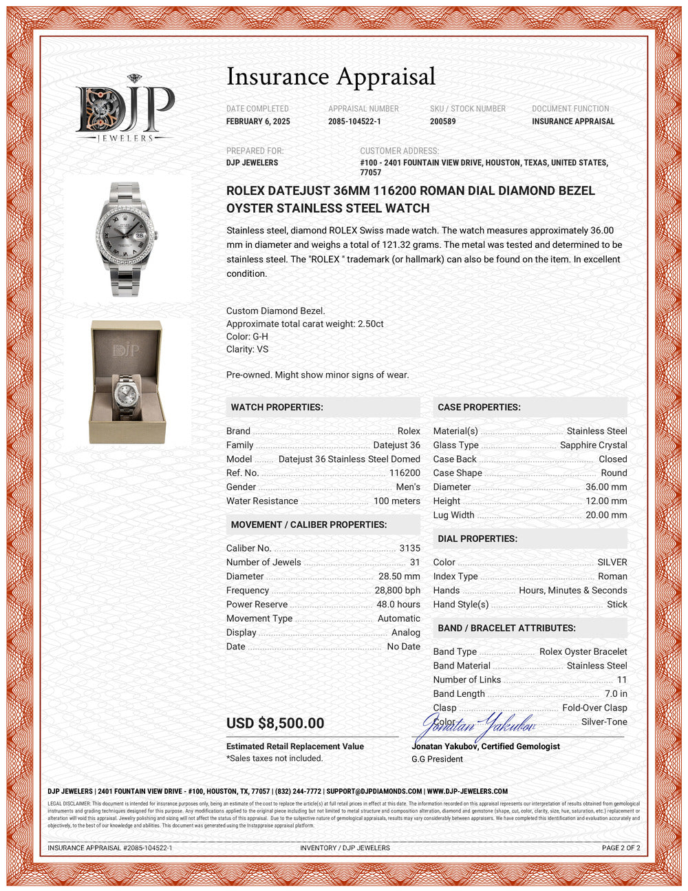 Rolex Datejust 36MM 116200 Roman Dial Diamond Bezel Oyster Stainless Steel Watch