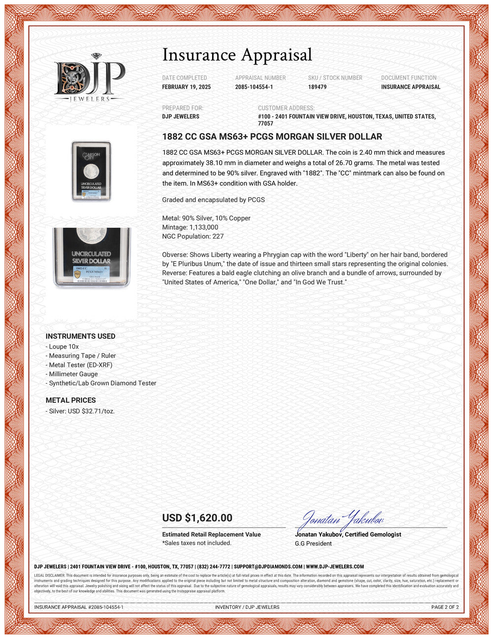 1882 CC GSA MS63+ PCGS Morgan Silver Dollar