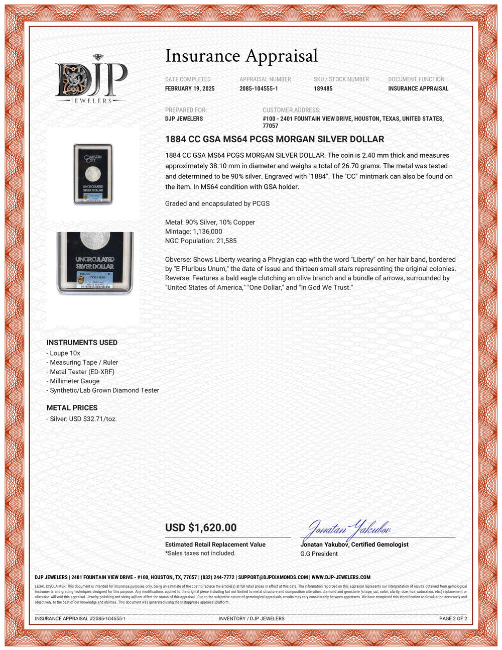 1884 CC GSA MS64 PCGS Morgan Silver Dollar