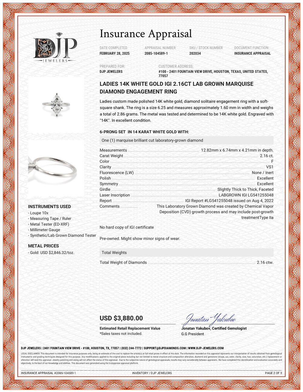 Ladies 14K White Gold IGI 2.16ct Lab Grown Marquise Diamond Engagement Ring