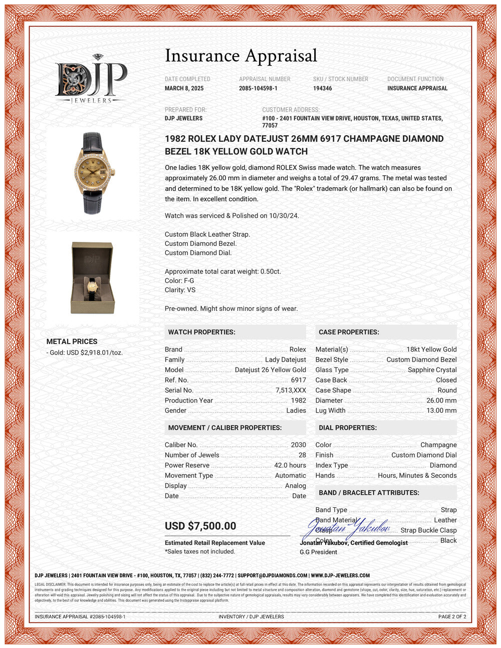 1982 Rolex Lady Datejust 26MM 6917 Champagne Diamond Bezel 18K Yellow Gold Watch