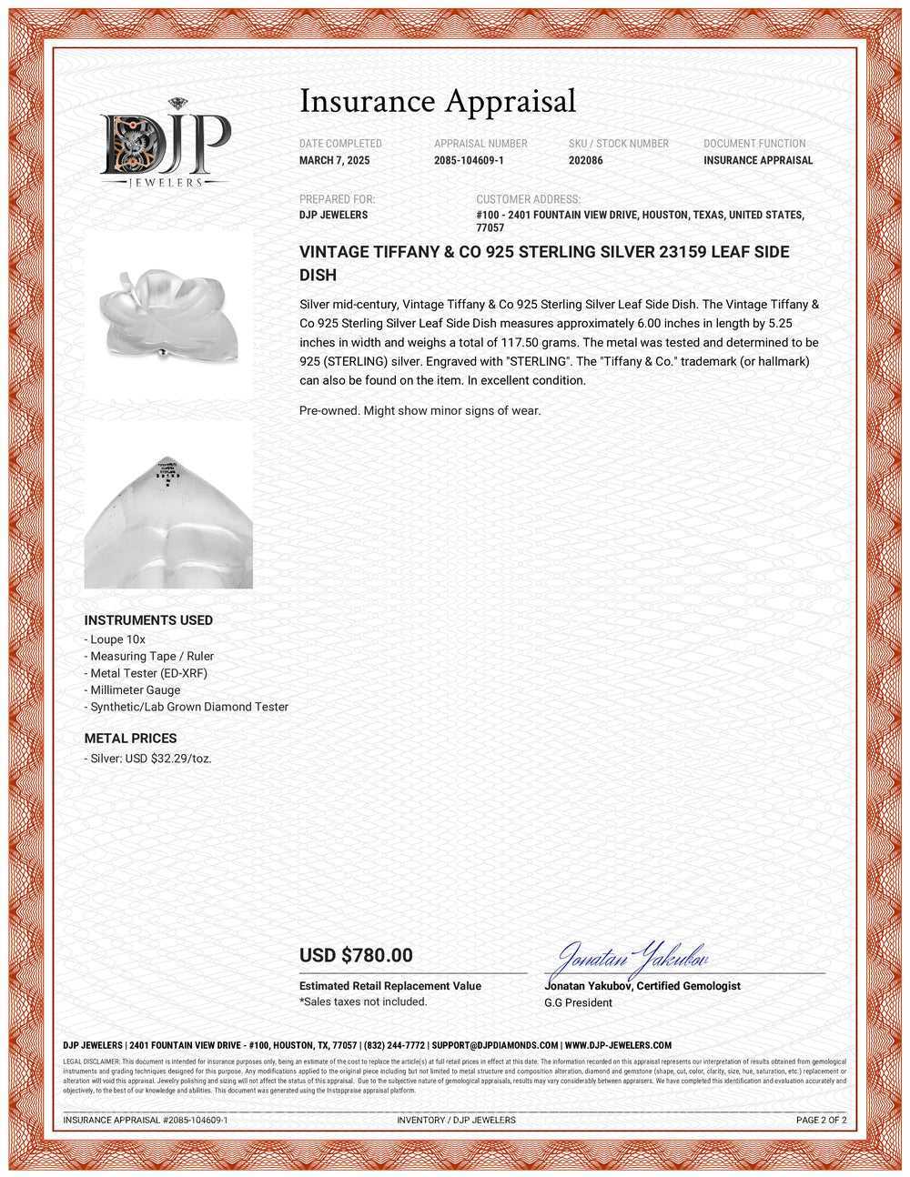 Vintage Tiffany & Co. 925 Sterling Silver 23159 Leaf Side Dish