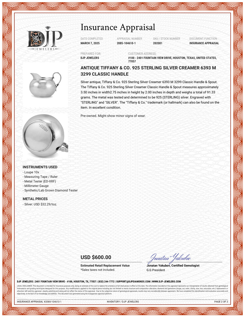 Antique Tiffany & Co. 925 Sterling Silver Creamer 6393 M 3299 Classic Handle