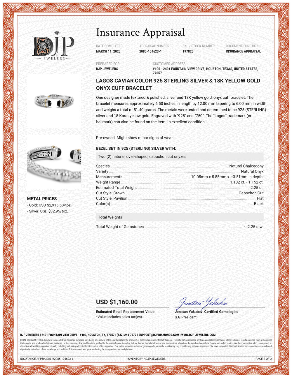 Lagos Caviar Color 925 Sterling Silver & 18K Yellow Gold Onyx Cuff Bracelet