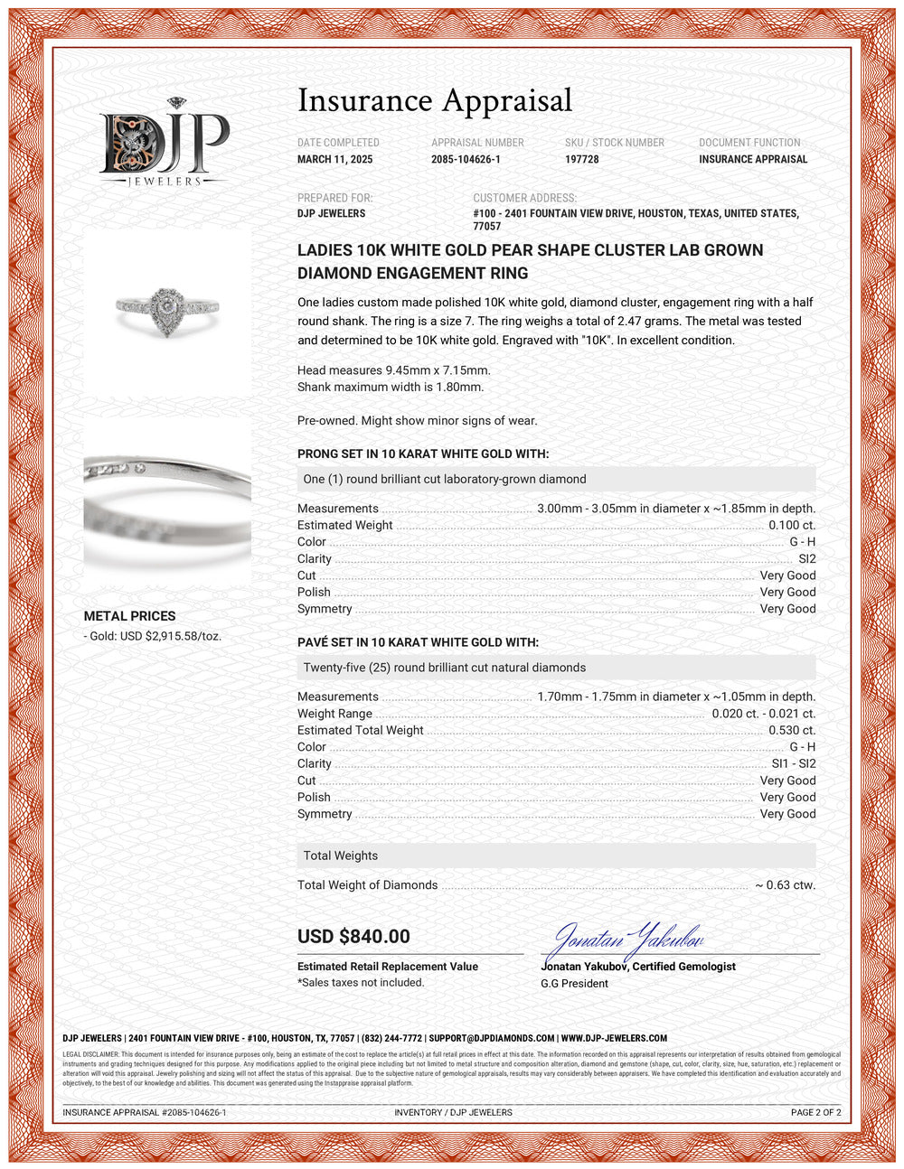 Ladies 10K White Gold Pear Shape Cluster Lab Grown Diamond Engagement Ring