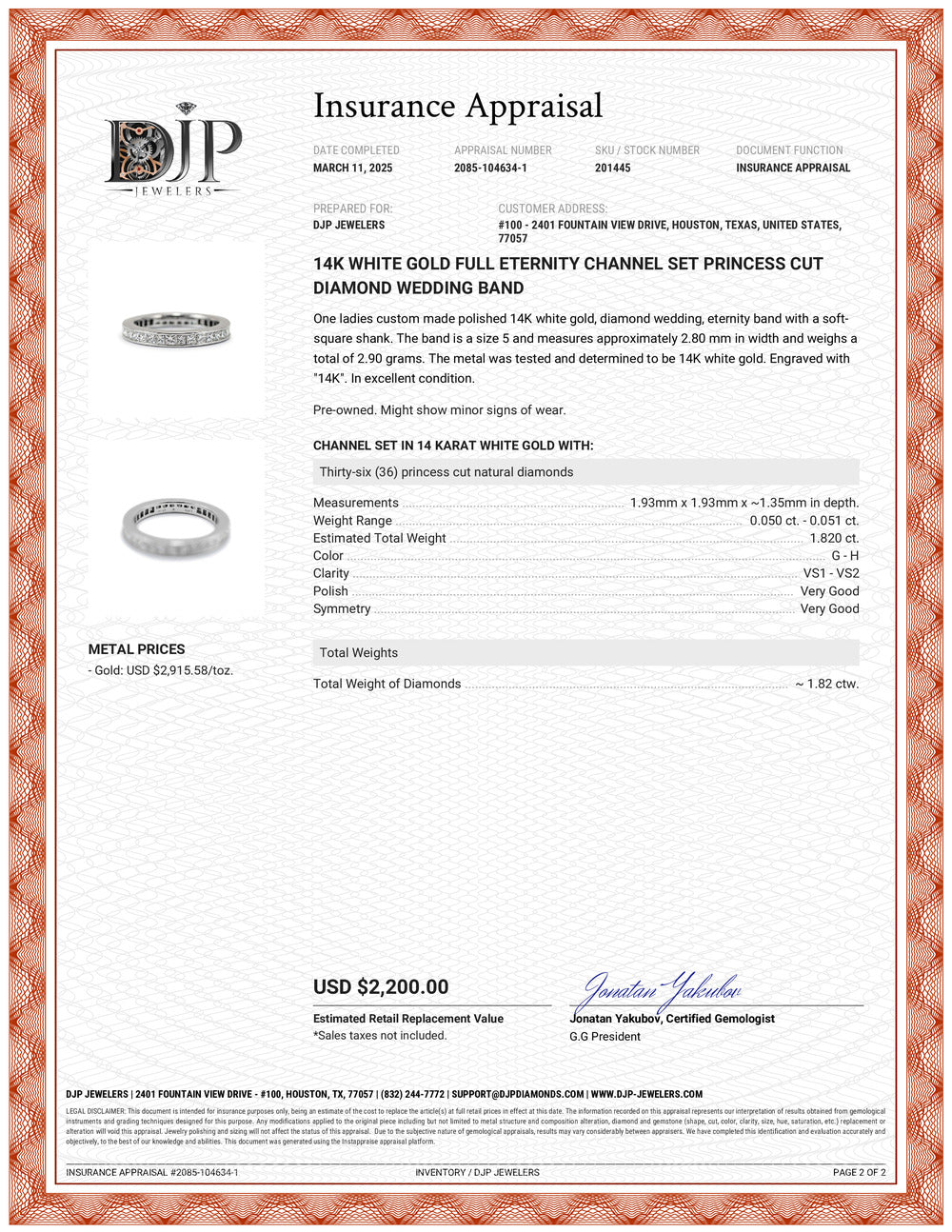 14K White Gold Full Eternity Channel Set Princess Cut Diamond Wedding Band