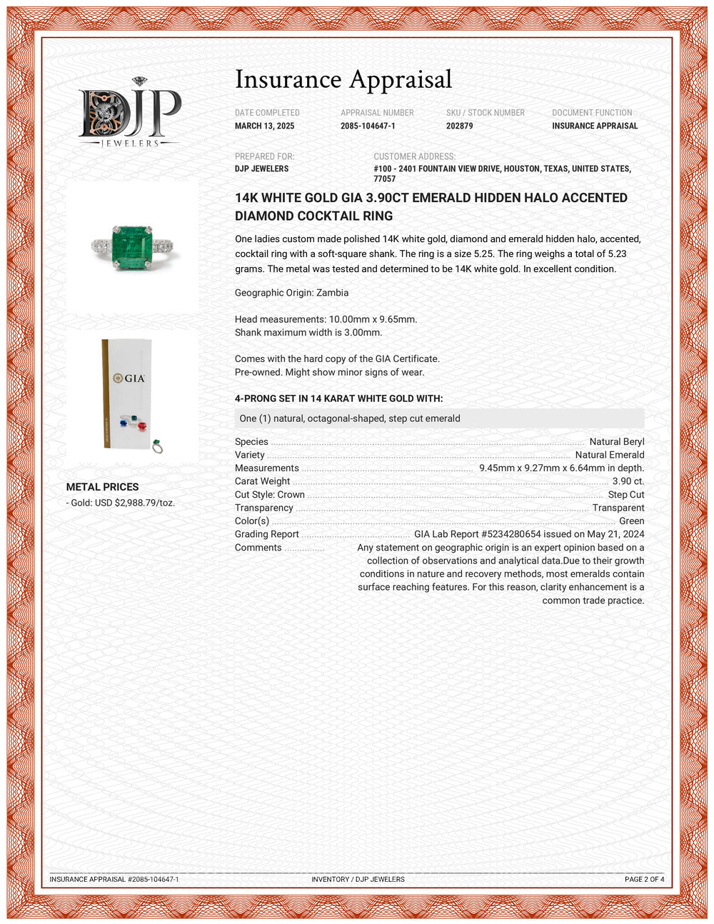 14K White Gold GIA 3.90ct Emerald Hidden Halo Accented Diamond Cocktail Ring