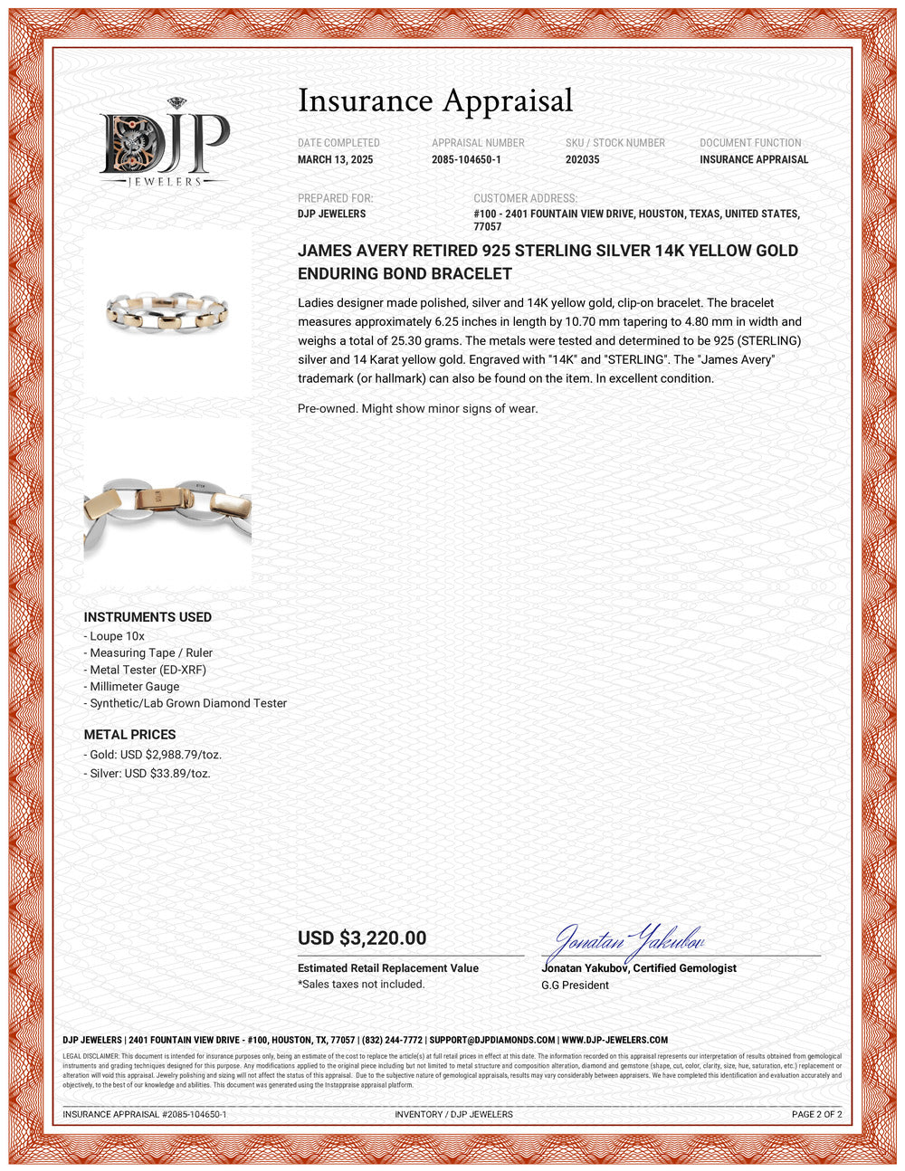 James Avery Retired 925 Sterling Silver 14K Yellow Gold Enduring Bond Bracelet