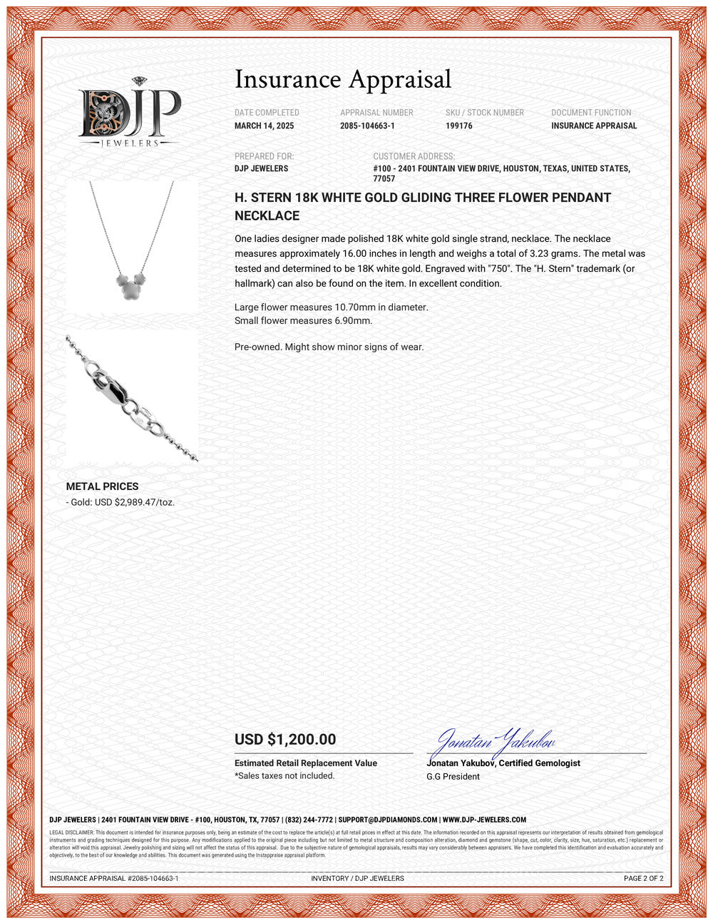 H. Stern 18K White Gold Gliding Three Flower Pendant Necklace