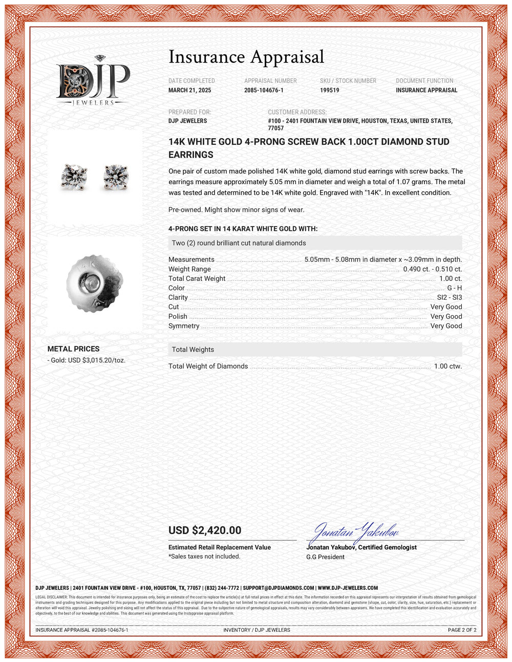 14K White Gold 4-Prong Screw Back 1.00ct Diamond Stud Earrings