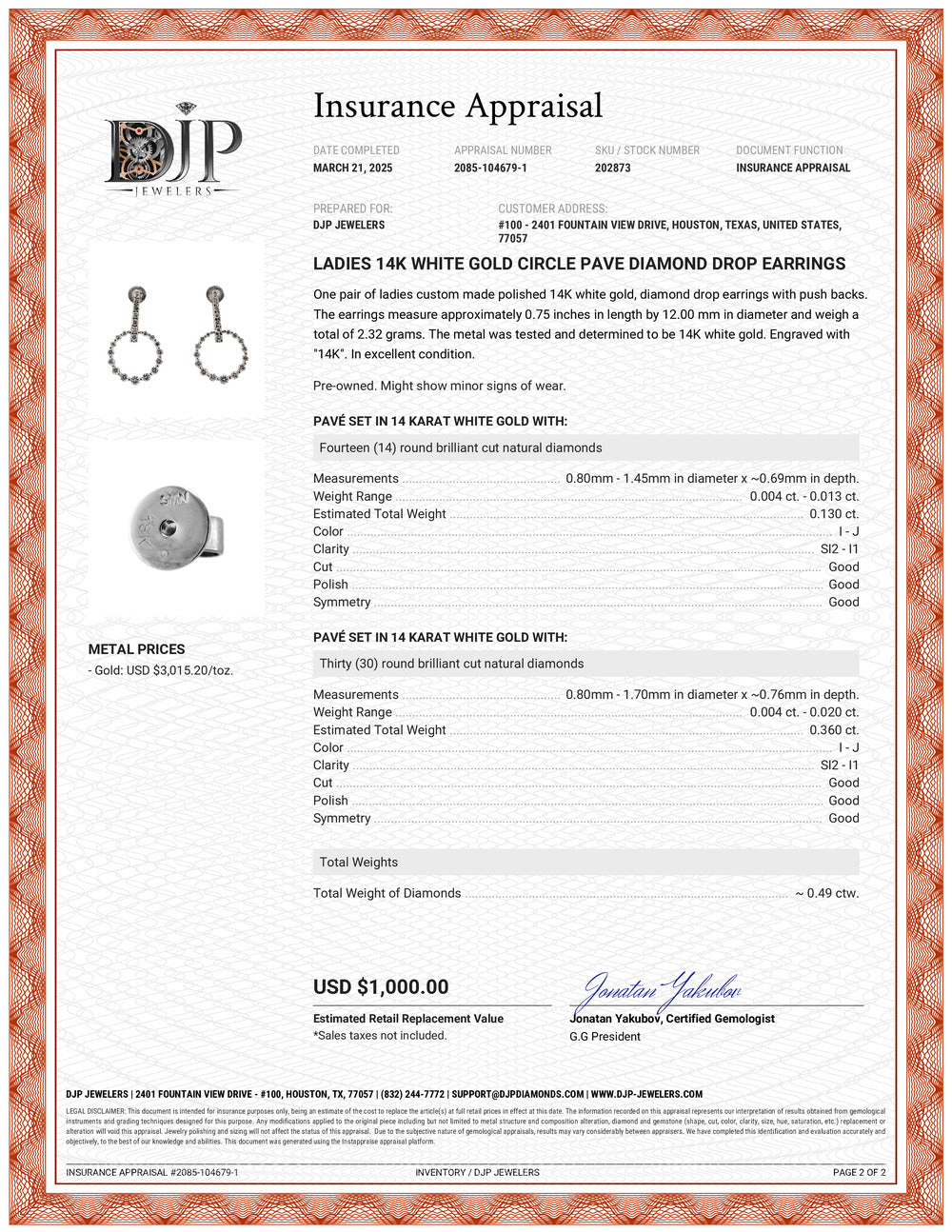 Ladies 14K White Gold Circle Pave Diamond Drop Earrings