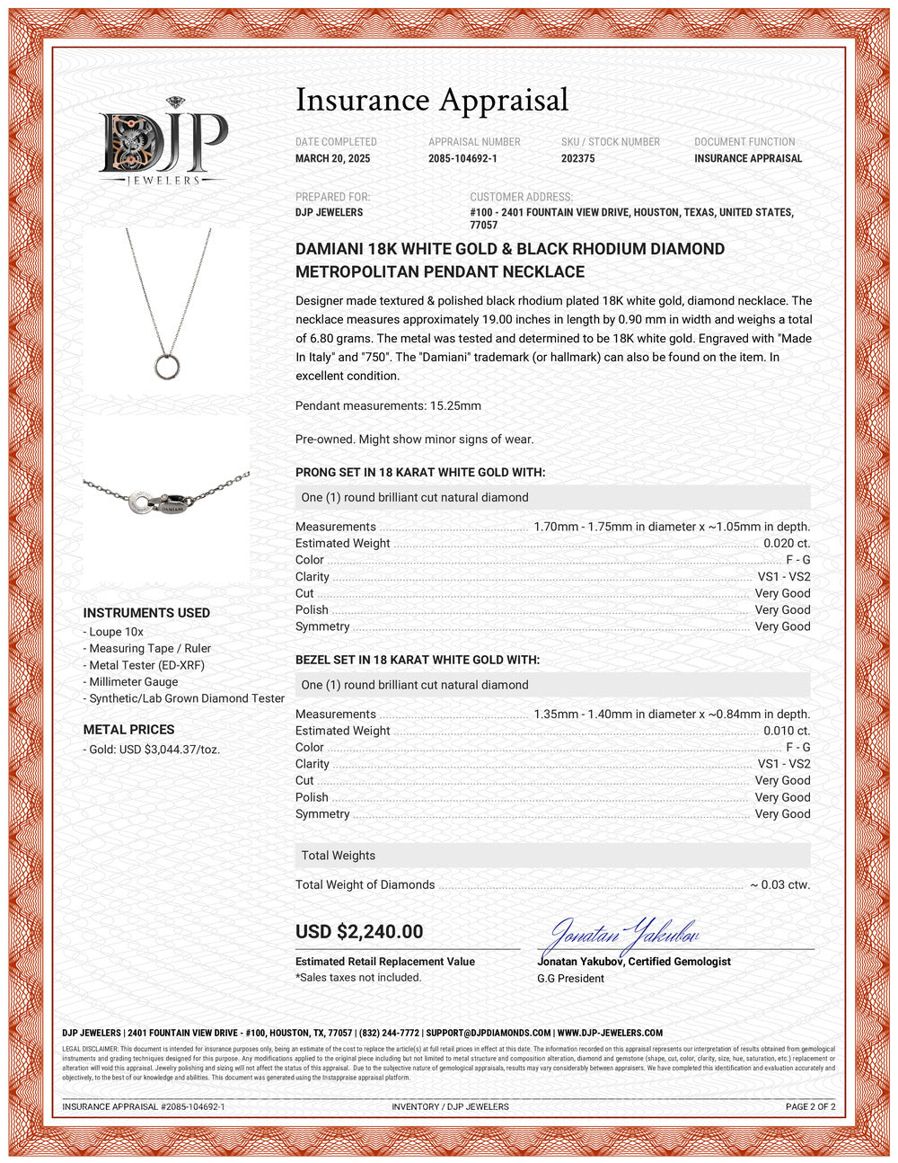 Damiani 18K White Gold & Black Rhodium Diamond Metropolitan Pendant Necklace