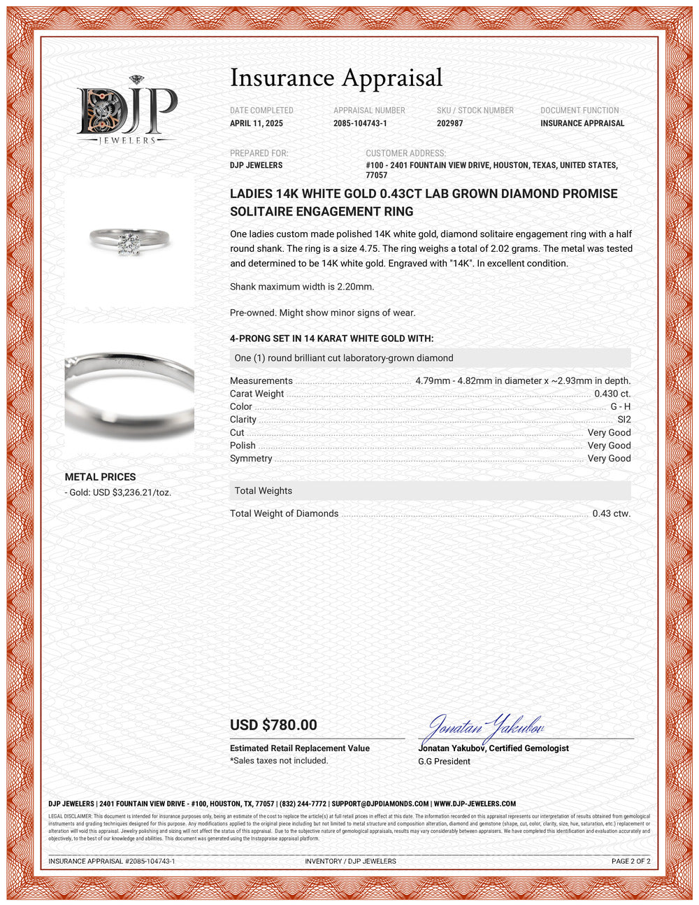 Ladies 14K White Gold 0.43ct Lab Grown Diamond Promise Solitaire Engagement Ring