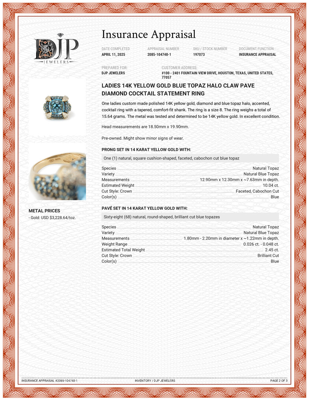 Ladies 14K Yellow Gold Blue Topaz Halo Claw Pave Diamond Cocktail Statement Ring