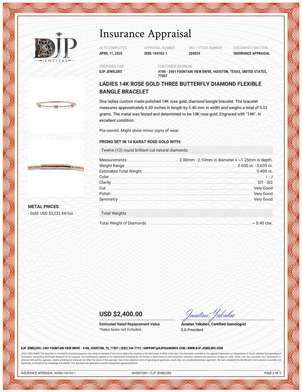 Ladies 14K Rose Gold Three Butterfly Diamond Flexible Bangle Bracelet