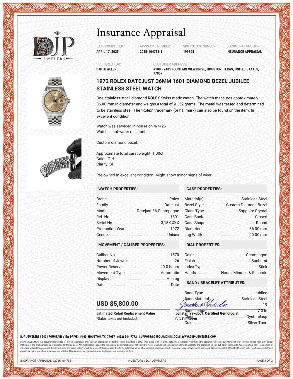 1972 Rolex Datejust 36MM 1601 Diamond Bezel Jubilee Stainless Steel Watch