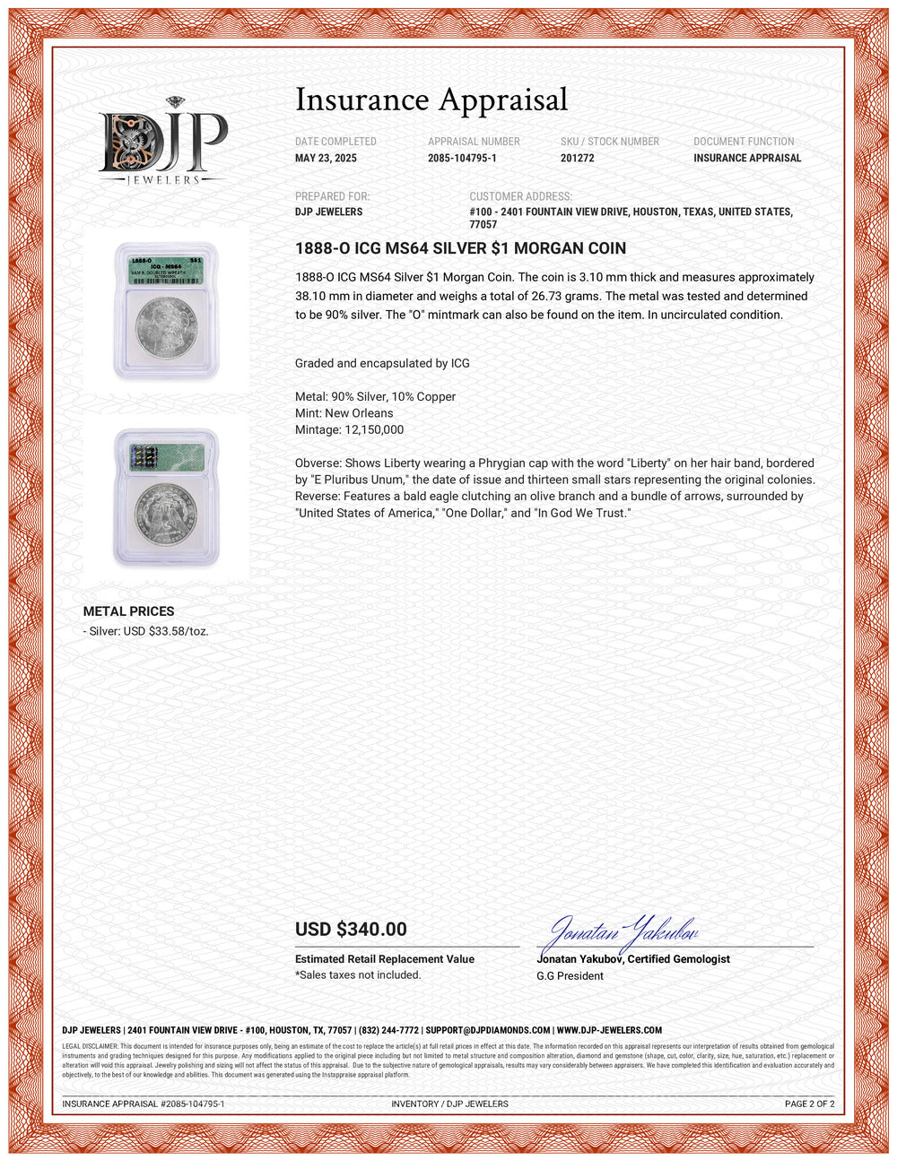 1888-O ICG MS64 Silver $1 Morgan Coin