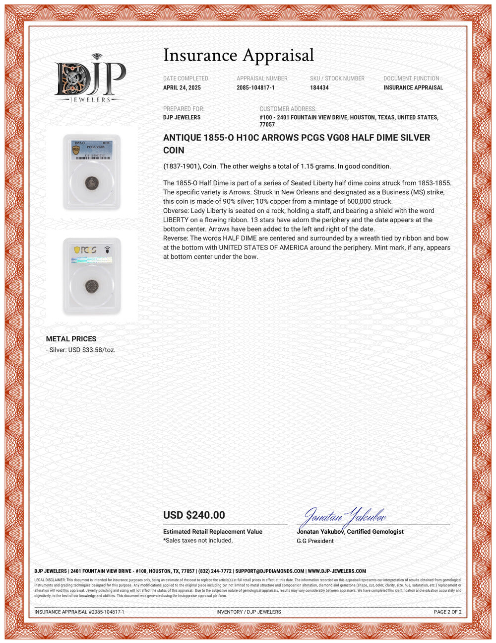 Antique 1855-O H10C Arrows Pcgs VG08 Half Dime Silver Coin