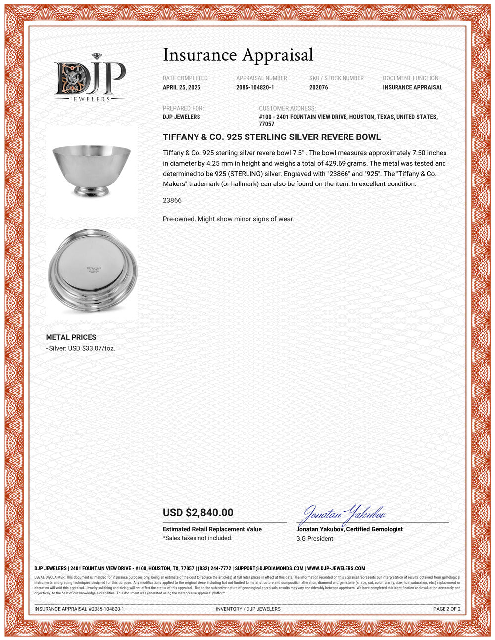 Tiffany & Co. 925 Sterling Silver Revere Bowl