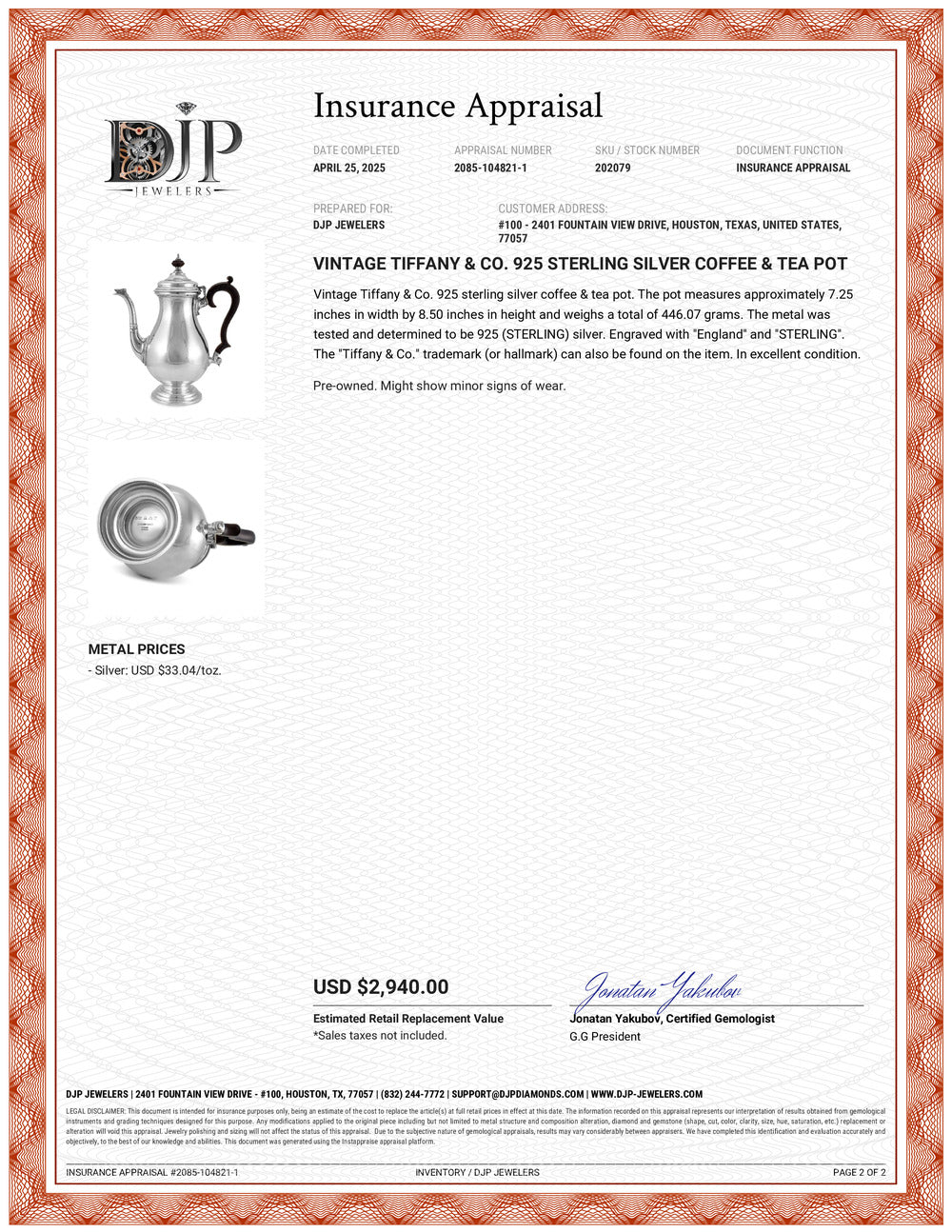 Vintage Tiffany & Co. 925 Sterling Silver Coffee & Tea Pot