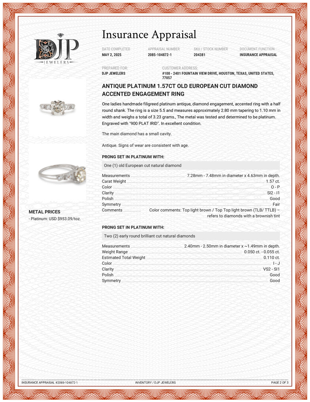 Antique Platinum 1.57ct Old European Cut Diamond Accented Engagement Ring