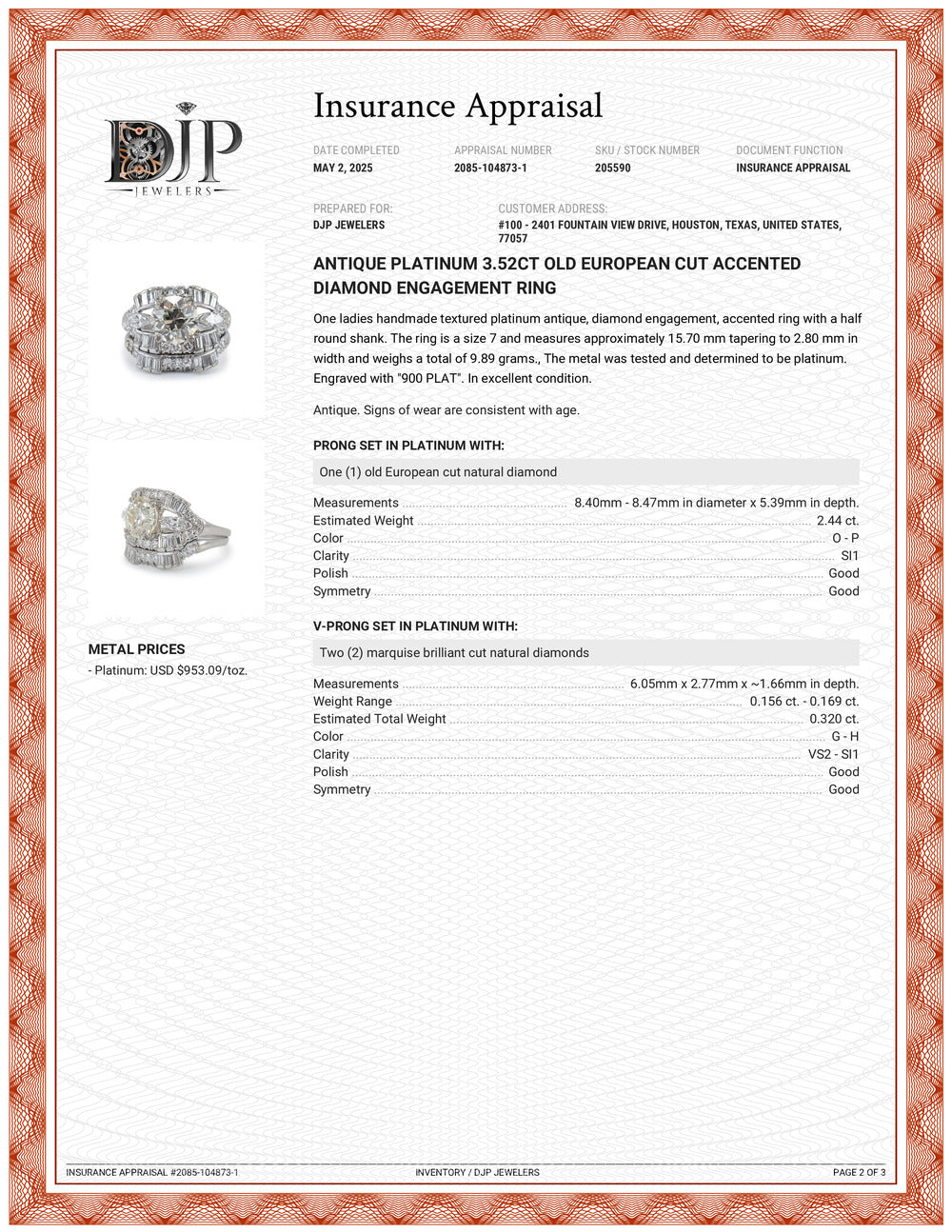 Antique Platinum 3.52ct Old European Cut Accented Diamond Engagement Ring