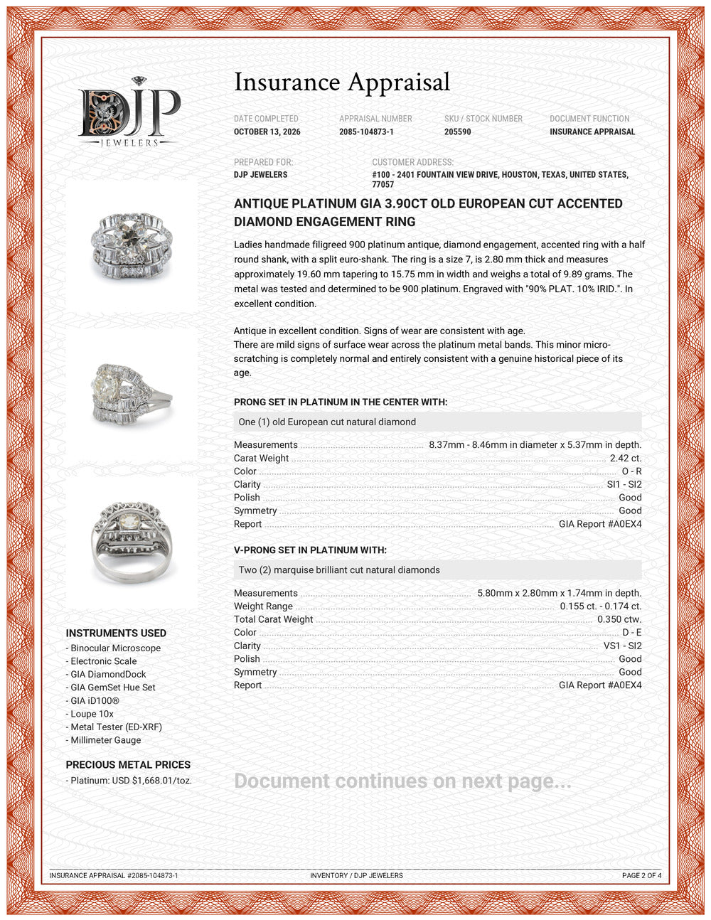 Antique Platinum Gia 3.90ct Old European Cut Accented Diamond Engagement Ring