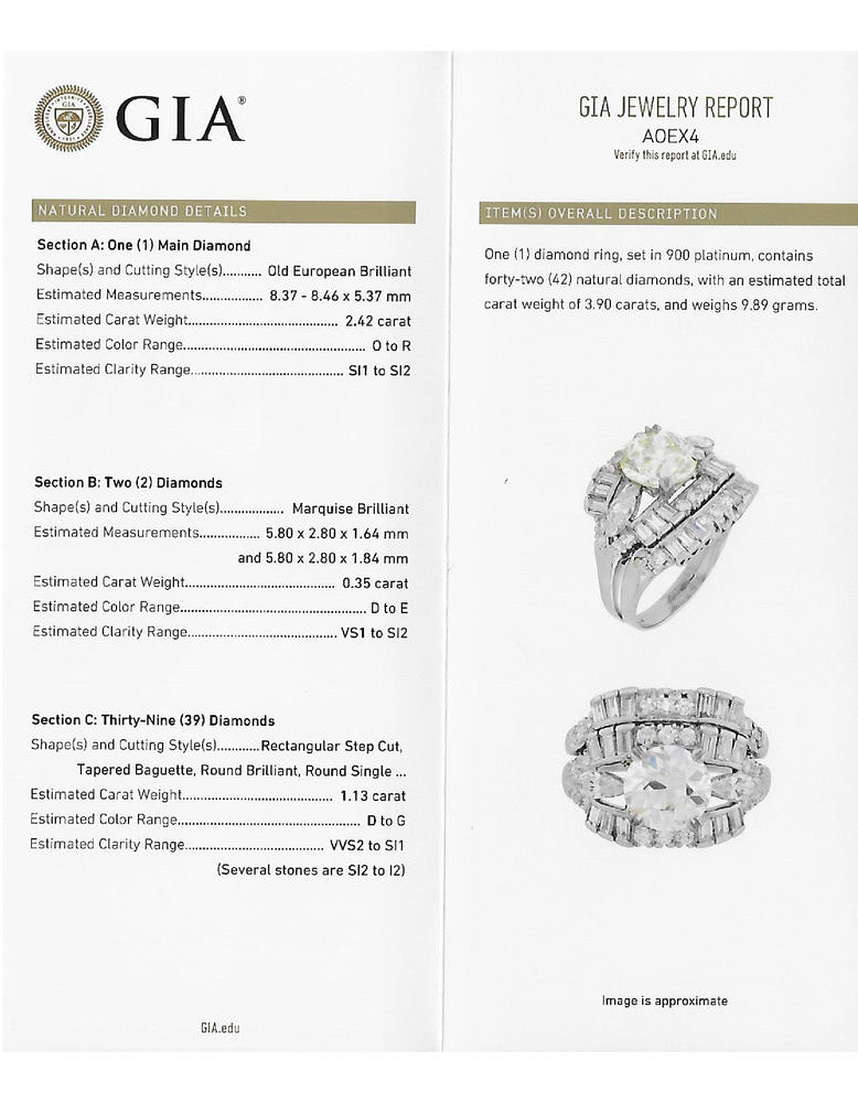 Antique Platinum Gia 3.90ct Old European Cut Accented Diamond Engagement Ring