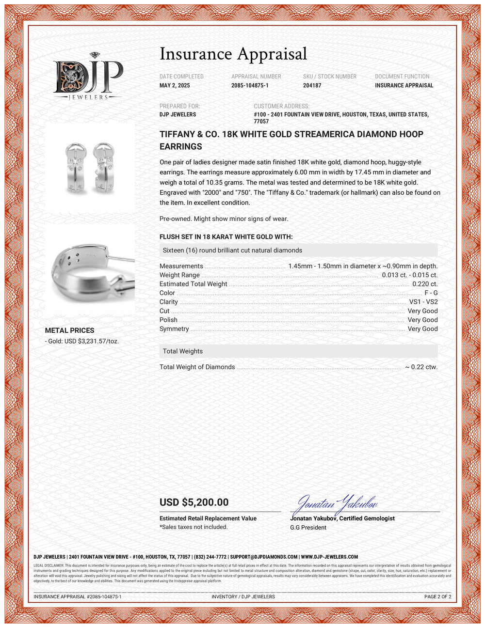 Tiffany & Co. 18K White Gold Streamerica Diamond Hoop Earrings